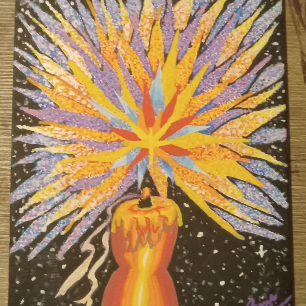 Hand Crafted Colorful Candle Explosion Art - Orange, Yellow, Blue